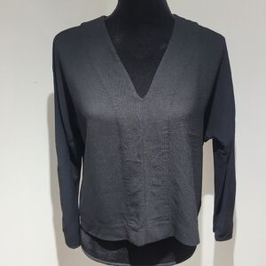 Wilfred Le Fou Women's Monde V-Neck Silk-Trim Blouse Small Black Minimalist Chic